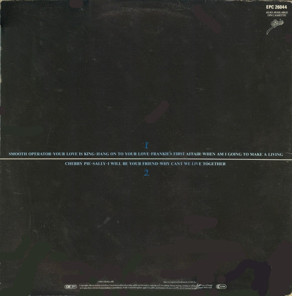 Image of Back Cover of LP - VG/G+ - SADE, Diamond Life (Epic Light Blue / Yellow "Fading Effect" Labels; EPC 26044, UK 1984, Gatefold), A few marks which cause some surface noise but not overpowering. Sleeve has light creasing, small biro marks to back,  - 2926332E