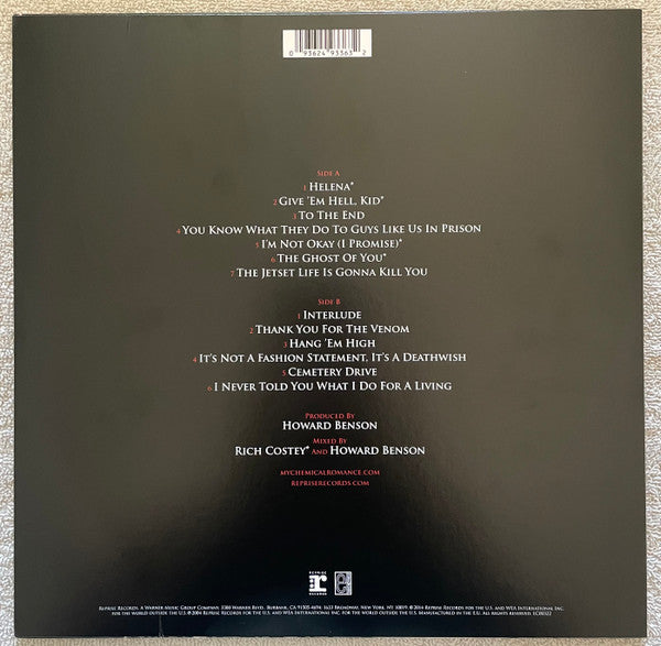 Image of Back Cover of LP - NEW/NEW - MY CHEMICAL ROMANCE, Three Cheers For Sweet Revenge (Reprise Records; 9362-49336-3, Europe 2015 Reissue, Insert), , Major label debut from the New Jersey indie-punk outfit, following on from 2002's 'I Brought You My Bullets, You Brought Me Your Love'. Following a similar formula to their debut this album blends the dark atmosphere of bands such as Joy Division and Cursive with melodic hooks and howling vocals in a similar way to AFI and in some respects The Cure, though