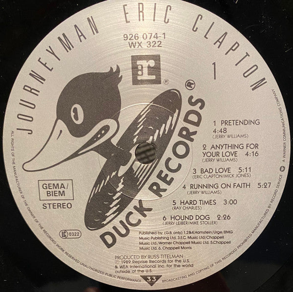 Image of Label Cover of LP - VG/VG - ERIC CLAPTON, Journeyman (Reprise Records; 926 074-1, UK 1989, Gatefold, Inner, Speciality Plating ), Strong VG, Light hairlines ,  - 4116077C