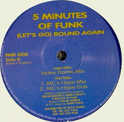 Image of Front Cover of 3614434C: 12" - 5 MINUTES OF FUNK, (Let's Go) Round Again (Fat 'N Round; FNR 002, UK 1994) Labels worn and damaged  /G+