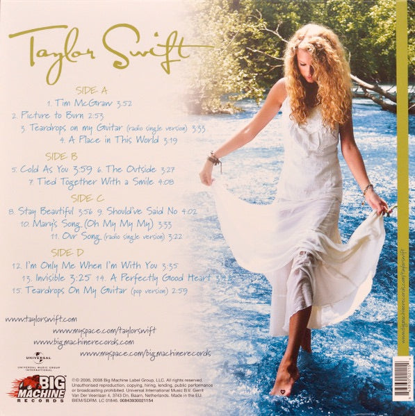 Image of Back Cover of 2xLP - VG+/VG+ - TAYLOR SWIFT, Taylor Swift (Big Machine Records; 00843930021154, Europe 2016 Reissue, Gatefold, 180 Gram Vinyl), One longer superficial mark on side A, and a cluster of hairlines on side C. ,  - 2326332E