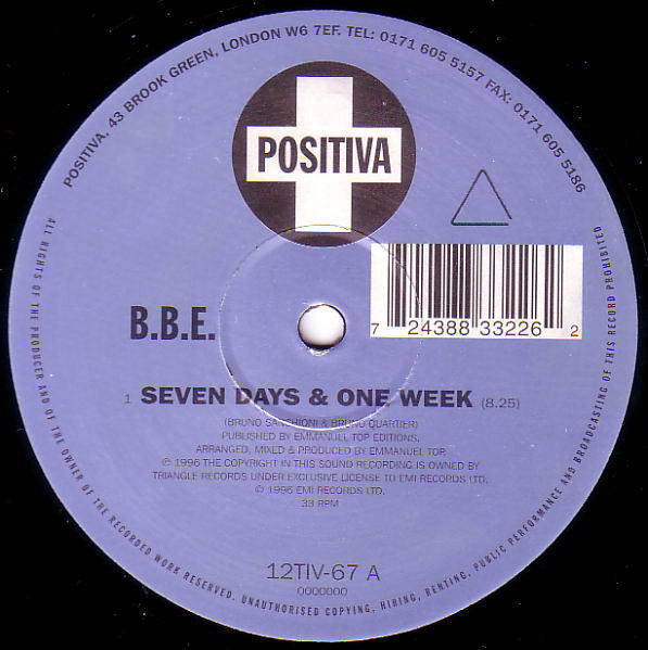 Image of Label Cover of 12" - VG/VG+ - B.B.E., Seven Days & One Week (Positiva; 12TIV-67, UK 1996, Company Sleeve), ,  - 4316261C