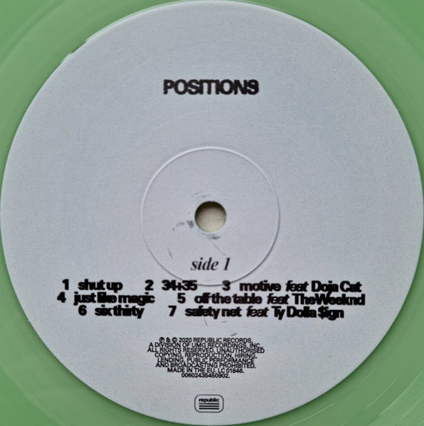 Image of Label Cover of LP - VG+/VG+ - ARIANA GRANDE, Positions (Republic Records ; 00602435450902, Europe 2021, Insert, Coke Bottle Clear vinyl.), Strong VG+, Corner Bump,  - 2426149E