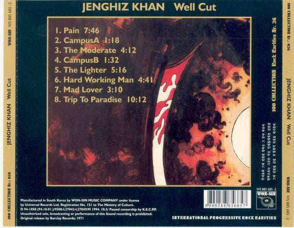 Image of Back Cover of CD - VG+/VG - JENGHIZ KHAN, Well Cut (Won-Sin Music Company; WS 885 685-2, South Korea 1994 Reissue, Digipak), ,  - 2416609C