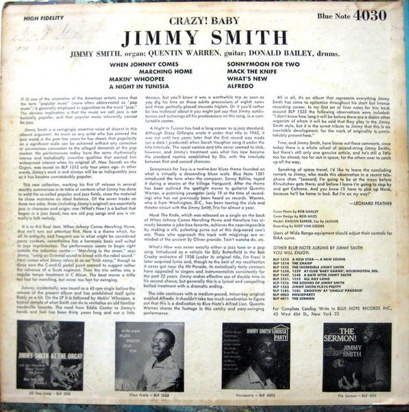 Image of Back Cover of LP - VG/VG - JIMMY SMITH, Crazy Baby! (Blue Note; BLP 4030, US 1962 Reissue, Pasteback Sleeve, Company Inner, Mono), Hairlines & light scratches, sleeve strong VG, only light wear,  - 3146025S