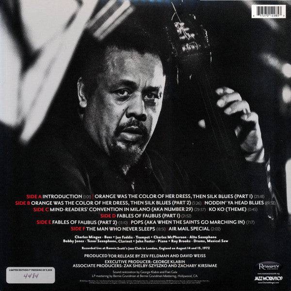 Image of Back Cover of 3xLP - VG+/VG+ - CHARLES MINGUS, The Lost Album From Ronnie Scott's (Resonance Records; HLP-9063, USA, Canada & UK 2022, Triple Gatefold, Booklet, Limited Edition of 5,000), Numbered 4401. With stickered outer plastic sleeve,  - 2616437C