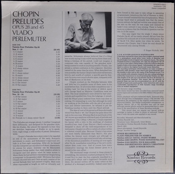 Image of Back Cover of LP - VG/VG+ - VLADO PERLEMUTER, Chopin: Preludes (Nimbus Records; NIMBUS 45011, UK 1981, 45 rpm Audiophile Super Analogue Master), ,  - 4126284E