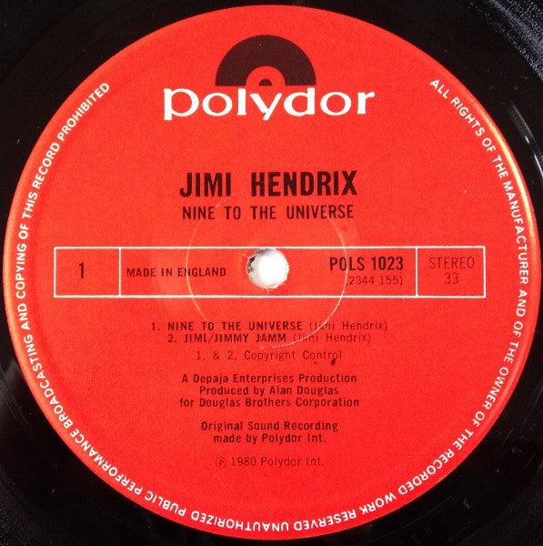 Image of Label Cover of 4624126E: LP - JIMI HENDRIX, Nine to the Universe (Polydor; POLS1023, UK 1980) Limited Edition Box Set Stamped in Gold on Rear Sleeve  EX/EX