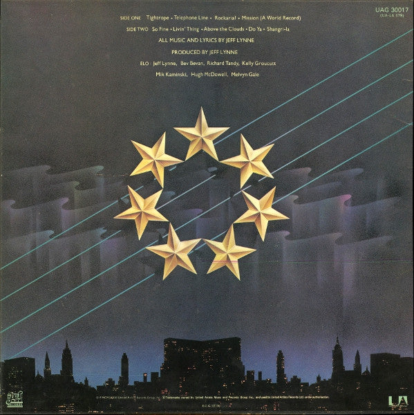 Image of Back Cover of 0145059S: LP - ELO - THE ELECTRIC LIGHT ORCHESTRA, A New World Record (Jet Records; UAG 30017, UK 1976, Embossed Sleeve, Inner) Light wear to sleeve and a few light marks on disc.  VG+/VG