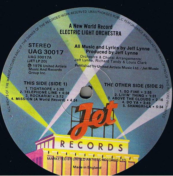 Image of Label Cover of 0145059S: LP - ELO - THE ELECTRIC LIGHT ORCHESTRA, A New World Record (Jet Records; UAG 30017, UK 1976, Embossed Sleeve, Inner) Light wear to sleeve and a few light marks on disc.  VG+/VG