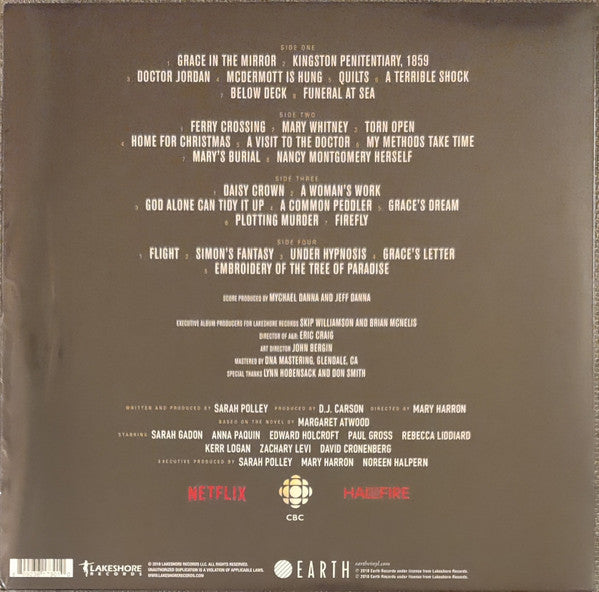 Image of Back Cover of 0925369E: 2xLP - MYCHAEL DANNA AND JEFF DANNA, Alias Grace (Original Mini-Series Soundtrack) (Earth ; EARTHLP030, UK 2018, Die Cut Sleeve, 2 Inners) Opened Instore, Still In Stickered Shrinkwrap  EX/EX