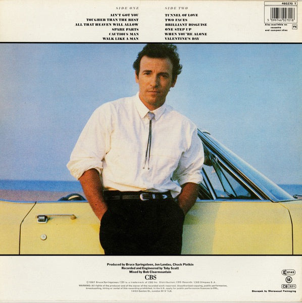 Image of Back Cover of LP - VG/VG - BRUCE SPRINGSTEEN, Tunnel Of Love (CBS Red Label; 460270 1, UK 1987, Inner, "Made In England" Rim text, CBS Bottom Of Both Labels), Strong VG, Sticker Residue on Sleeve,  - 4326100E