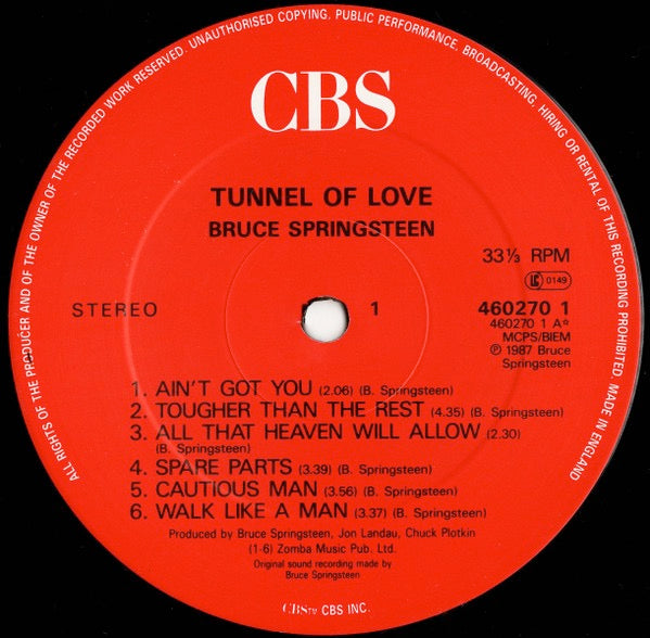 Image of Label Cover of LP - VG/VG - BRUCE SPRINGSTEEN, Tunnel Of Love (CBS Red Label; 460270 1, UK 1987, Inner, "Made In England" Rim text, CBS Bottom Of Both Labels), Strong VG, Sticker Residue on Sleeve,  - 4326100E
