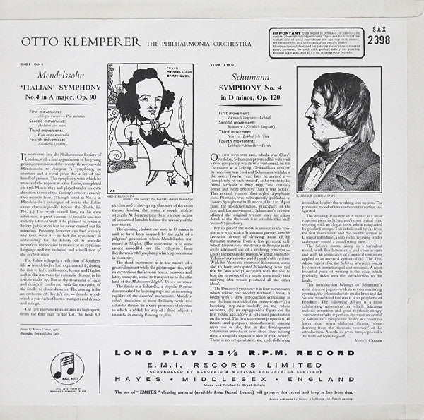 Image of Back Cover of 4824085E: LP - OTTO KLEMPERER, PHILHARMONIA ORCHESTRA, Mendelssohn: Italian Symphony / Schumann: Symphony No.4 (Columbia Light Blue and Silver Inteference Pattern Label; SAX 2398, UK 1961, Laminated Flipback Sleeve) Edge and Ring Wear  VG/VG