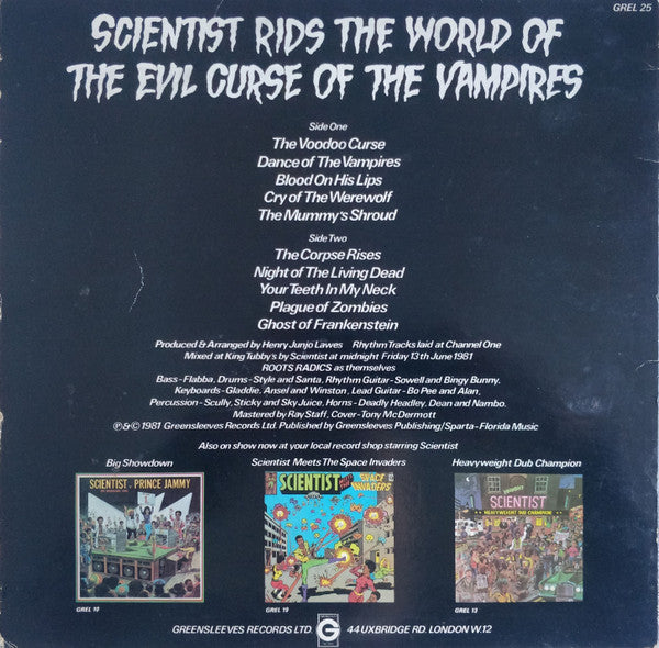 Image of Back Cover of LP - VG/G+ - SCIENTIST, Rids The World Of The Evil Curse Of The Vampires (Greensleeves Records; GREL 25, UK 1981), Light marks only. Edgewear on sleeve, creases.,  - 3426129E
