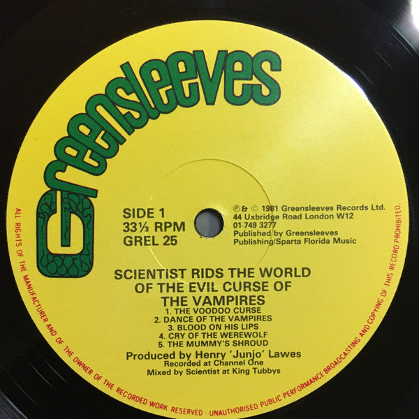 Image of Label Cover of LP - VG/G+ - SCIENTIST, Rids The World Of The Evil Curse Of The Vampires (Greensleeves Records; GREL 25, UK 1981), Light marks only. Edgewear on sleeve, creases.,  - 3426129E