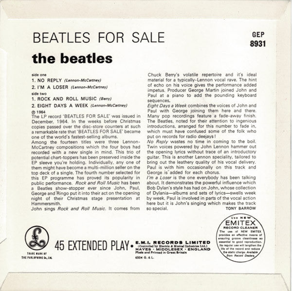 Image of Back Cover of 7" EP - VG+/EX - THE BEATLES, Beatles For Sale (Parlophone ; GEP 8931, UK 1965, Laminated Flipback Sleeve, Mono, First Pressing With "Sold in the U.K. subject to resale price conditions, see price lists" On Labels), Looks Unplayed, Ring Wear On Rear Sleeve,  - 4226139E
