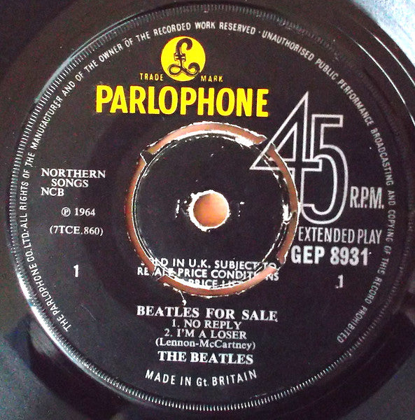 Image of Label Cover of 7" EP - VG+/EX - THE BEATLES, Beatles For Sale (Parlophone ; GEP 8931, UK 1965, Laminated Flipback Sleeve, Mono, First Pressing With "Sold in the U.K. subject to resale price conditions, see price lists" On Labels), Looks Unplayed, Ring Wear On Rear Sleeve,  - 4226139E