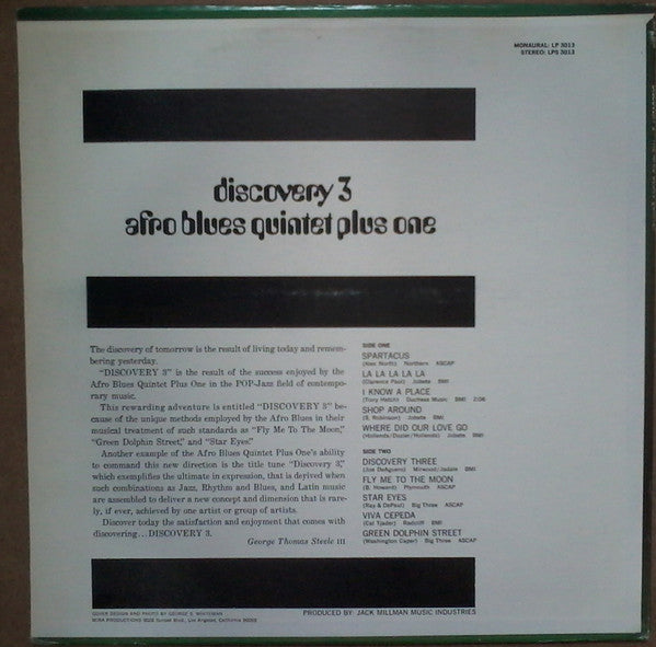 Image of Back Cover of 4944267S: LP - AFRO BLUES QUINTET PLUS ONE, Discovery 3 (Mira Records; LPS 3013, US 1967) Edge/cornerwear + ringwear. Light marks to record.  VG/VG+