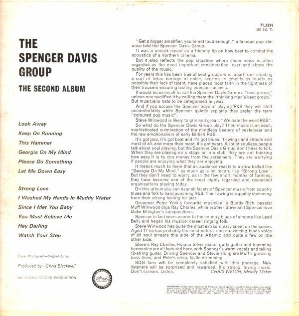 Image of Back Cover of 3945107S: LP - THE SPENCER DAVIS GROUP, The Second Album (Fontana; TL 5295, UK 1966, Laminated Pasteback Sleeve, Mono) Disc covered in hairlines.  VG/G