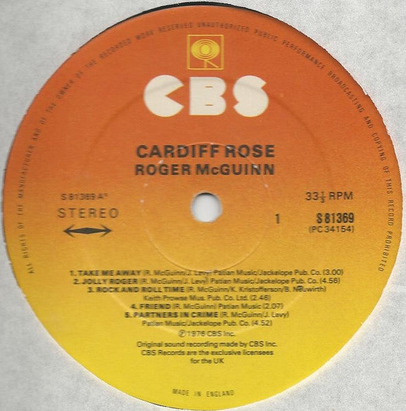 Image of Label Cover of LP - VG/VG+ - ROGER MCGUINN, Cardiff Rose (CBS; 81369, UK 1976, Insert, Produced by Mick Ronson), Edge Wear,  - 1546187S