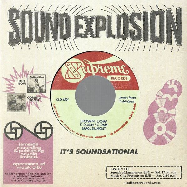 Image of Front Cover of 7" - EX/EX - ERROL DUNKLEY, Down Low / Version (Supreme Records; CLD 4501, US 2021 Reissue, Company Sleeve, Black Vinyl), , One of the deepest Studio One roots sides, previously released only on a super-scarce blank 45 in the 70s...lovingly reissued officially by Studio One USA with a previously unheard instrumental version on the B side.  - 3626208E