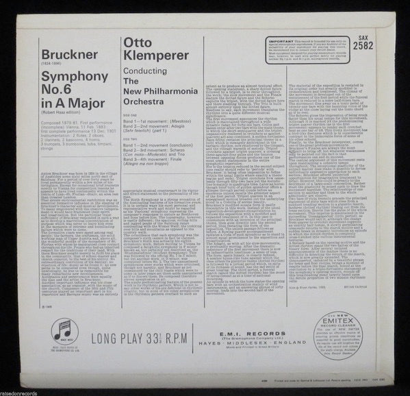 Image of Back Cover of 4424153E: LP - OTTO KLEMPERER, THE NEW PHILHARMONIA, Bruckner: Symphony No. 6 In A (Columbia; SAX 2582, UK 1965, Laminated Flipback Sleeve)   VG/VG+