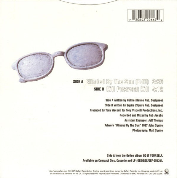 Image of Back Cover of 7" - VG+/VG+ - THE SEAHORSES, Blinded By The Sun (Geffen Records; GFS 22266, UK 1997, Picture Sleeve, John Squire Post Stone Roses), ,  - 2916263C