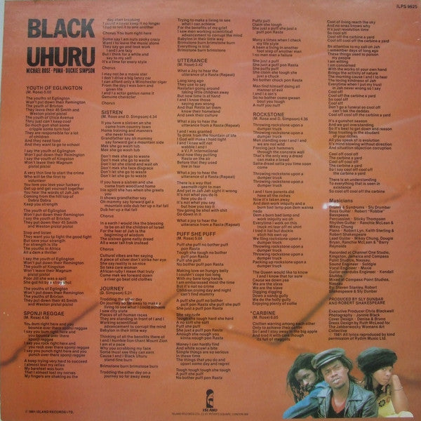 Image of Back Cover of LP - G+/VG - BLACK UHURU, Red (Island Records; ILPS 9625, UK 1981, Red Inner, Red Vinyl ), Record has the slightest warp. Sleeve has large marker pen writing on front, biro writing on rear, a split top seam,  - 3916257C