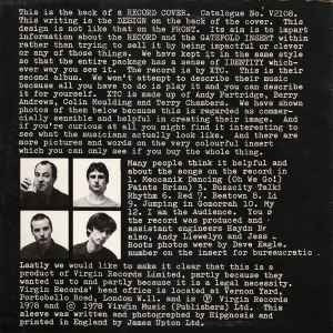 Image of Back Cover of LP - VG/VG+ - XTC, Go 2 (Virgin; V2108, UK 1978, Insert,  NO Stamped Inner, "Tone" Runout Side B), Edge Wear, Sticker Damage,  - 3146165S