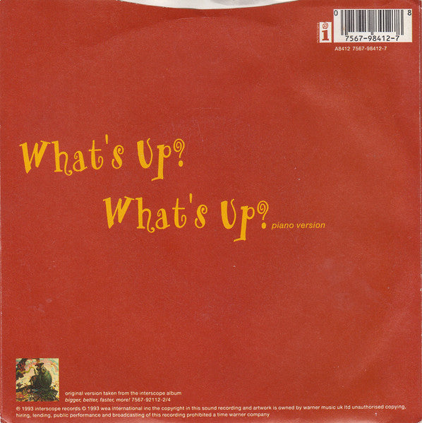 Image of Back Cover of 7" - G+/VG - 4 NON BLONDES, What's Up? (Atlantic ; A 8412, UK 1993, Picture Sleeve), Strong VG vinyl, damage to sleeve opening.,  - 2316048C