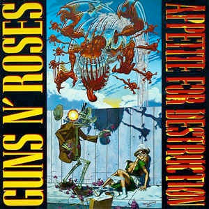 Image of Front Cover of LP - VG+/VG - GUNS N' ROSES, Appetite For Destruction (Geffen Records; 924 148-1, Europe 1987, Withdrawn Sleeve, Inner, Stickered Sleeve, First European pressing.), Side G is VG+, Side R is VG due to a few light hairlines. ,  - 2226282E