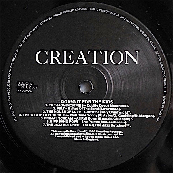 Image of Label Cover of LP - VG/VG - VARIOUS, Doing It For the Kids (Creation; CRELP 037, UK 1988), Strong VG,  - 3216396C