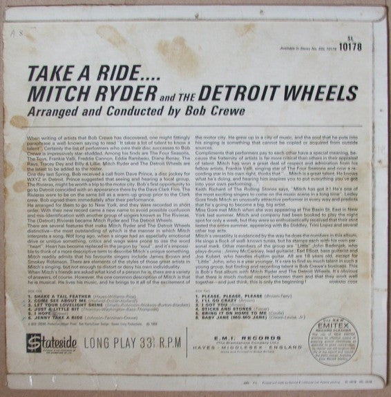 Image of Back Cover of LP - VG/VG+ - MITCH RYDER & THE DETROIT WHEELS, Take A Ride... (Stateside; SL 10178, UK 1966, Laminated Flipback Sleeve, Mono), ,  - 3046092S
