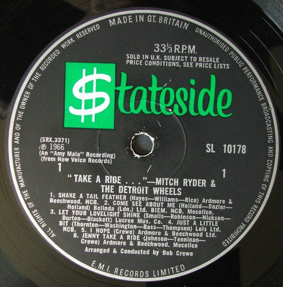 Image of Label Cover of LP - VG/VG+ - MITCH RYDER & THE DETROIT WHEELS, Take A Ride... (Stateside; SL 10178, UK 1966, Laminated Flipback Sleeve, Mono), ,  - 3046092S