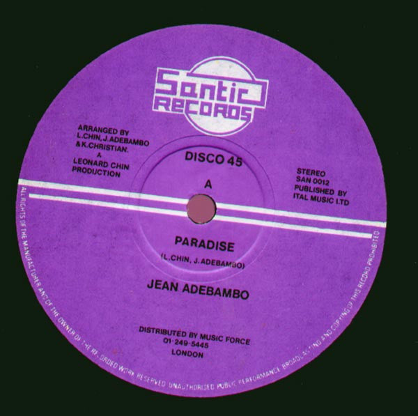 Image of Front Cover of 12" - /G - JEAN ADEBAMBO / SANTIC ALL STARS, Paradise / Paradub (Santic Records; SAN 0012, UK 1981, Plain Sleeve), Many surface hairlines and marks, plays G+ with surface noise.,  - 2646113S