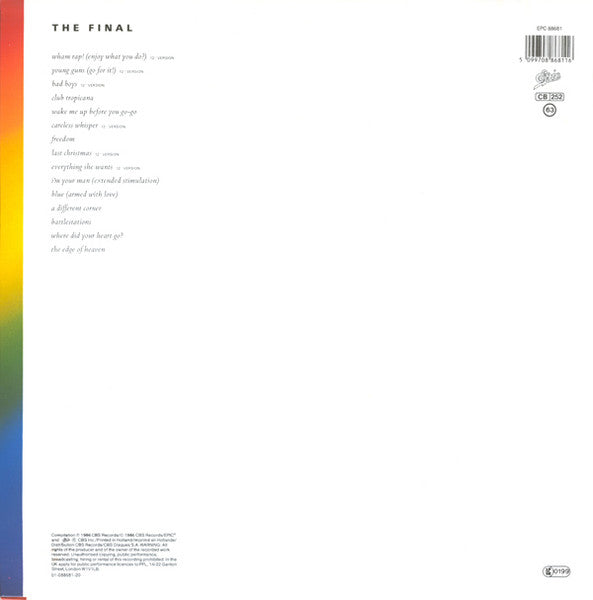 Image of Back Cover of 2xLP - VG/G - WHAM!, The Final (Epic Made In Holland Rim Text; EPC 88681, Europe 1986, 2 Inners & Insert), Disc 2 covered in light marks, disc 1 not too bad.,  - 3516332C