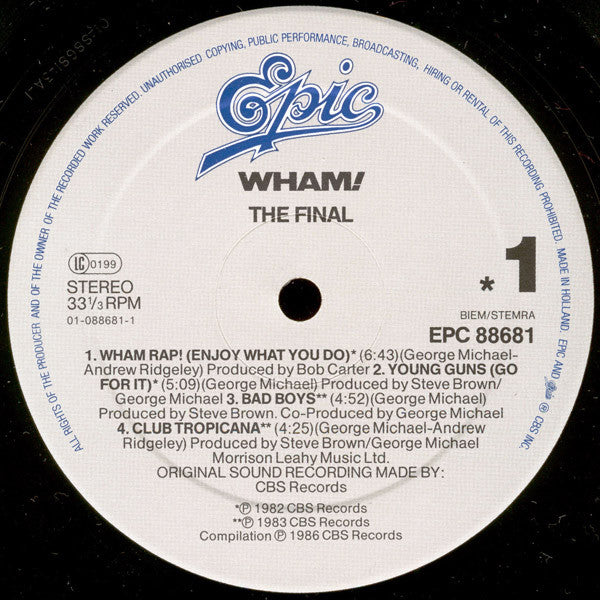Image of Label Cover of 2xLP - VG/G - WHAM!, The Final (Epic Made In Holland Rim Text; EPC 88681, Europe 1986, 2 Inners & Insert), Disc 2 covered in light marks, disc 1 not too bad.,  - 3516332C