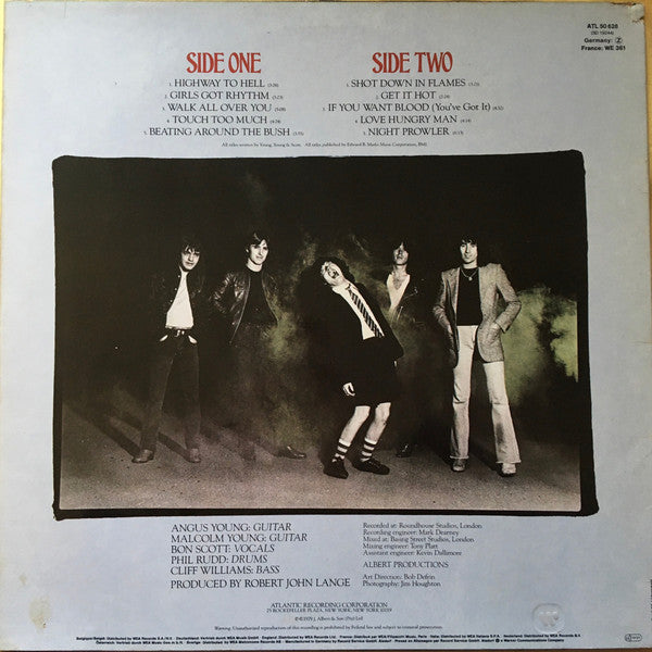 Image of Back Cover of LP - VG/VG - AC/DC, Highway to Hell (Atlantic Green & Orange Labels; ATL 50 628, Germany 1980s Reissue, No Barcode, GEMA/Biem, Strawberry/SNB Runouts), Strong VG,  - 0716323C