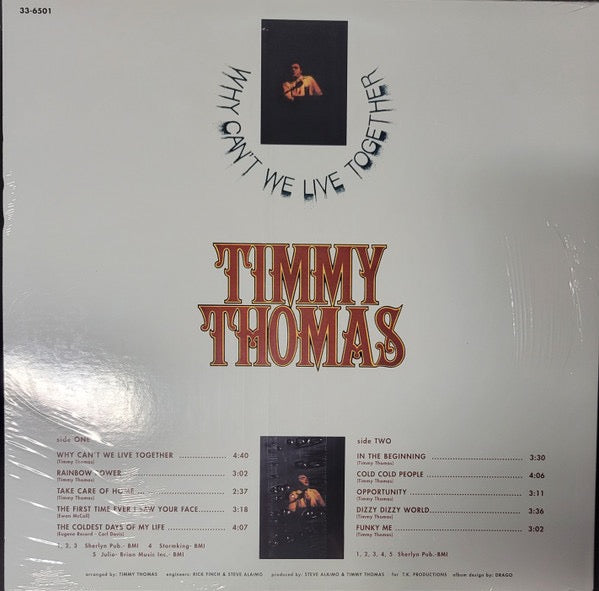 Image of Back Cover of LP - VG+/VG+ - TIMMY THOMAS, Why Can't We Live Together (Glades; 33-6501, US , Glossy Sleeve, Reissue.), Still In Opened Shrinkwrap,  - 3526058E