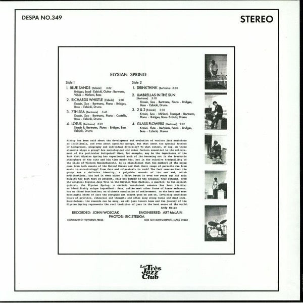Image of Back Cover of LP - VG+/G+ - ELYSIAN SPRING, Glass Flowers (Le Tres Jazz Club / Despa; NO.349, UK 2018 Reissue, Pasteback Sleeve), Disc has a fair few light marks.,  - 1716095C