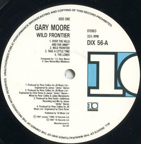 Image of Label Cover of LP - VG+/VG - GARY MOORE, Wild Frontier (10 Records; DIX 56, UK 1987, Inner), ,  - 3916248C