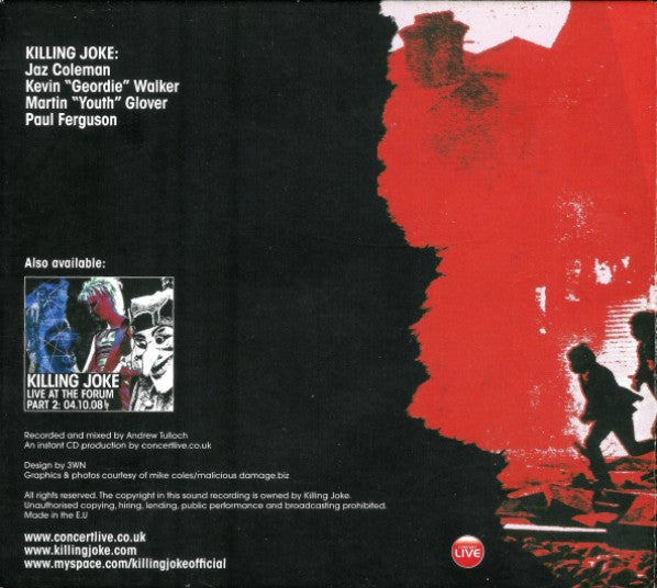 Image of Back Cover of 4935029E: 3xCD - KILLING JOKE, Live At The Forum Part 1: 03.10.08 (Concert Live; none, UK 2008, Triple Digipak, Booklet, 2 x CDr Plus Photo CDr)   VG+/VG+