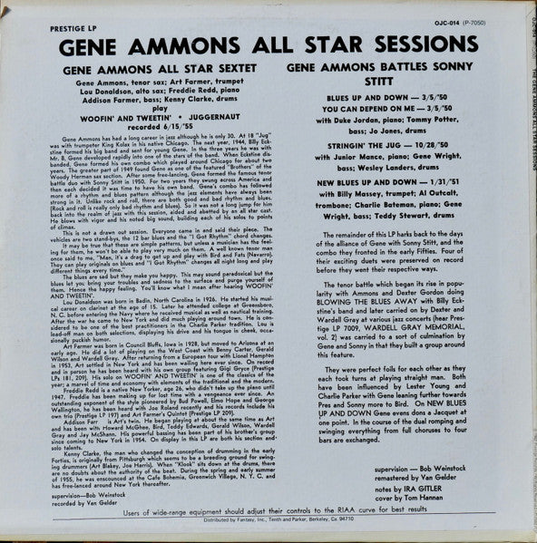 Image of Back Cover of LP - VG/VG+ - GENE AMMONS, All Star Sessions (Prestige; OJC-014, US 1982 Reissue, Pasteback Sleeve, with OBI), A couple of the lightest hairlines only. Crease on sleeve. ,  - 4126002E