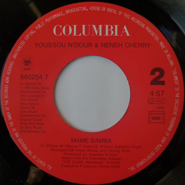 Image of Back Cover of 7" - /VG+ - YOUSSOU N'DOUR & NENEH CHERRY, 7 Seconds/  Mame Bamba (Columbia; 660254 7, Netherlands 1994, No Picture Sleeve), Some marks on vinyl but don't affect play.,  - 3256044S