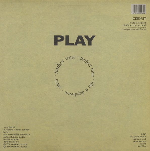 Image of Back Cover of 12" EP - VG/G - RIDE, Play (Creation Records; cre075t, UK 1990, Textured Sleeve), ,  - 2916036C