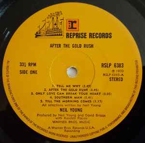 Image of Label Cover of LP - VG/G+ - NEIL YOUNG, After the Gold Rush (Reprise Records; RSLP 6383, UK 1970, Gatefold, Insert, Stereo, Rim text at bottom of label. A1-  H B1-  H), Light hairline marks only, Clean insert, Name on front of sleeve in blue biro,  - 3916208C