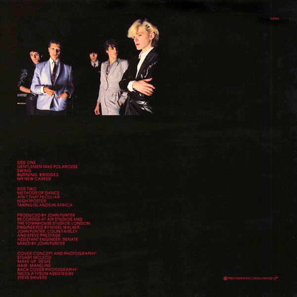 Image of Back Cover of 4344020S: LP - JAPAN, Gentlemen Take Polaroids (Virgin; V 2180, UK 1980, Strawberry Matrix) torn of artwork at bottom of cover, edge wear, creasing  G+/VG+