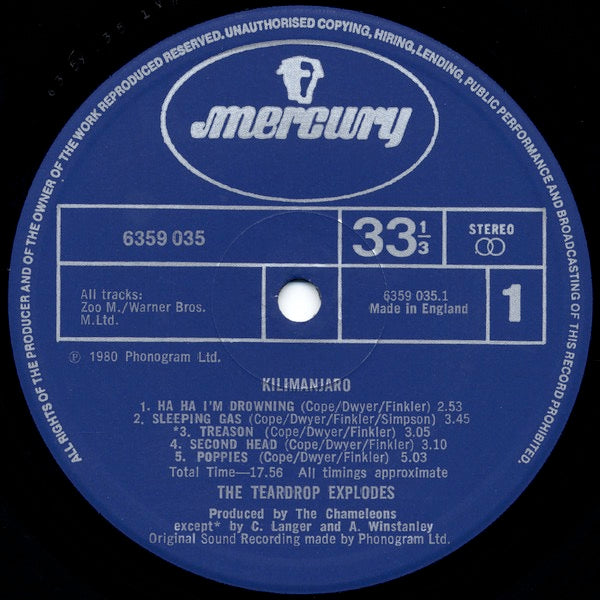 Image of Label Cover of LP - VG+/VG+ - THE TEARDROP EXPLODES, Kilimanjaro (Mercury; 6359 035, UK 1980, Band Picture Sleeve, Repress. Blue Mercury Labels.), ,  - 3826097E