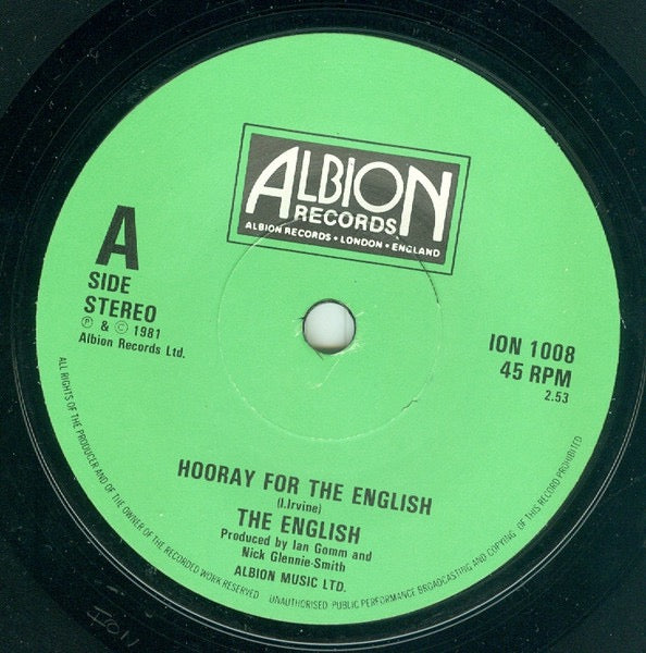 Image of Label Cover of 1214398C: 7" - THE ENGLISH, Hooray For The English! (Albion Records ; ION 1008, UK 1981, Picture Sleeve)   VG+/VG+